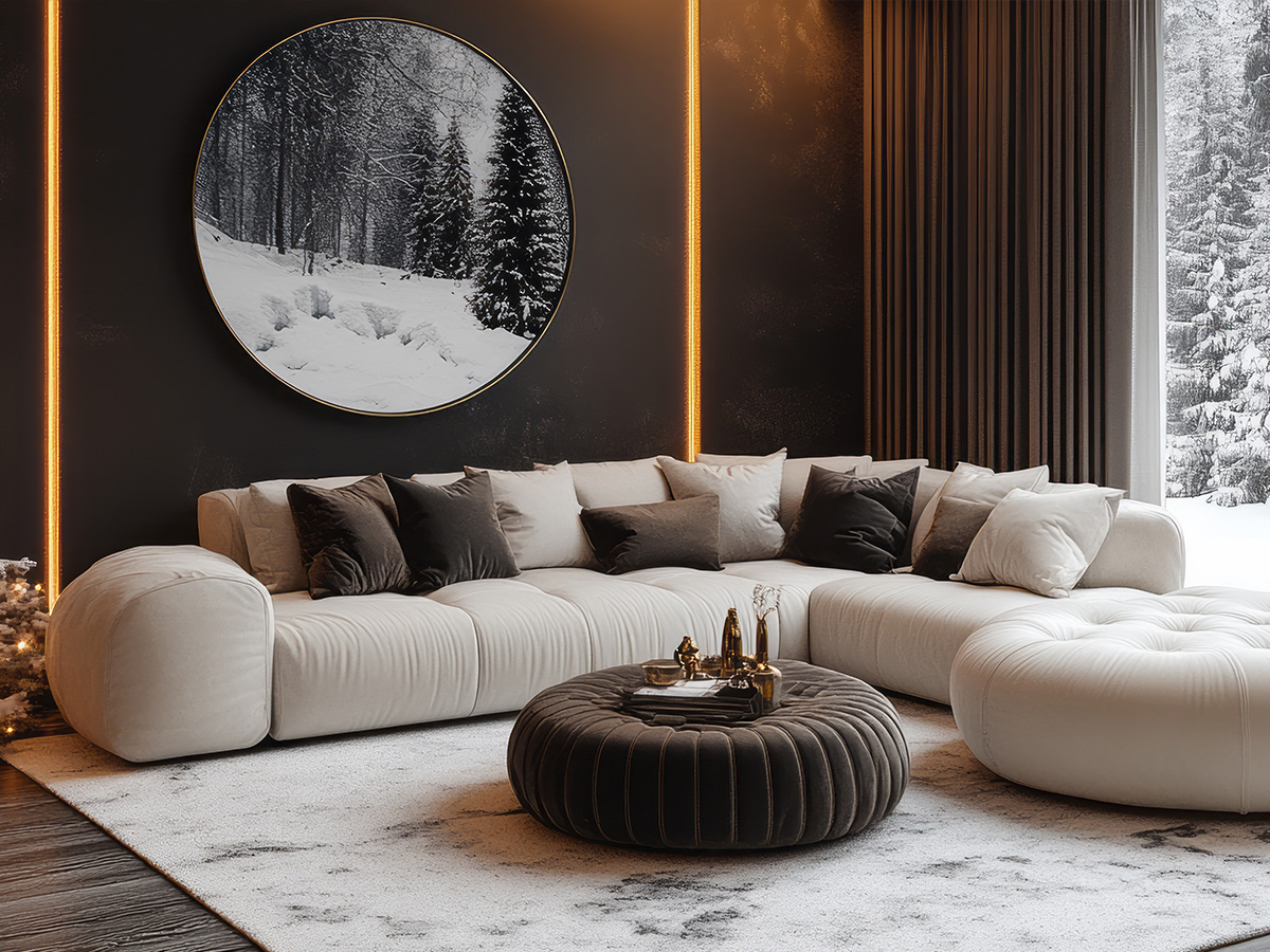 Moderne Winterwohnzimmergestaltung mit Blick auf den verschneiten Wald