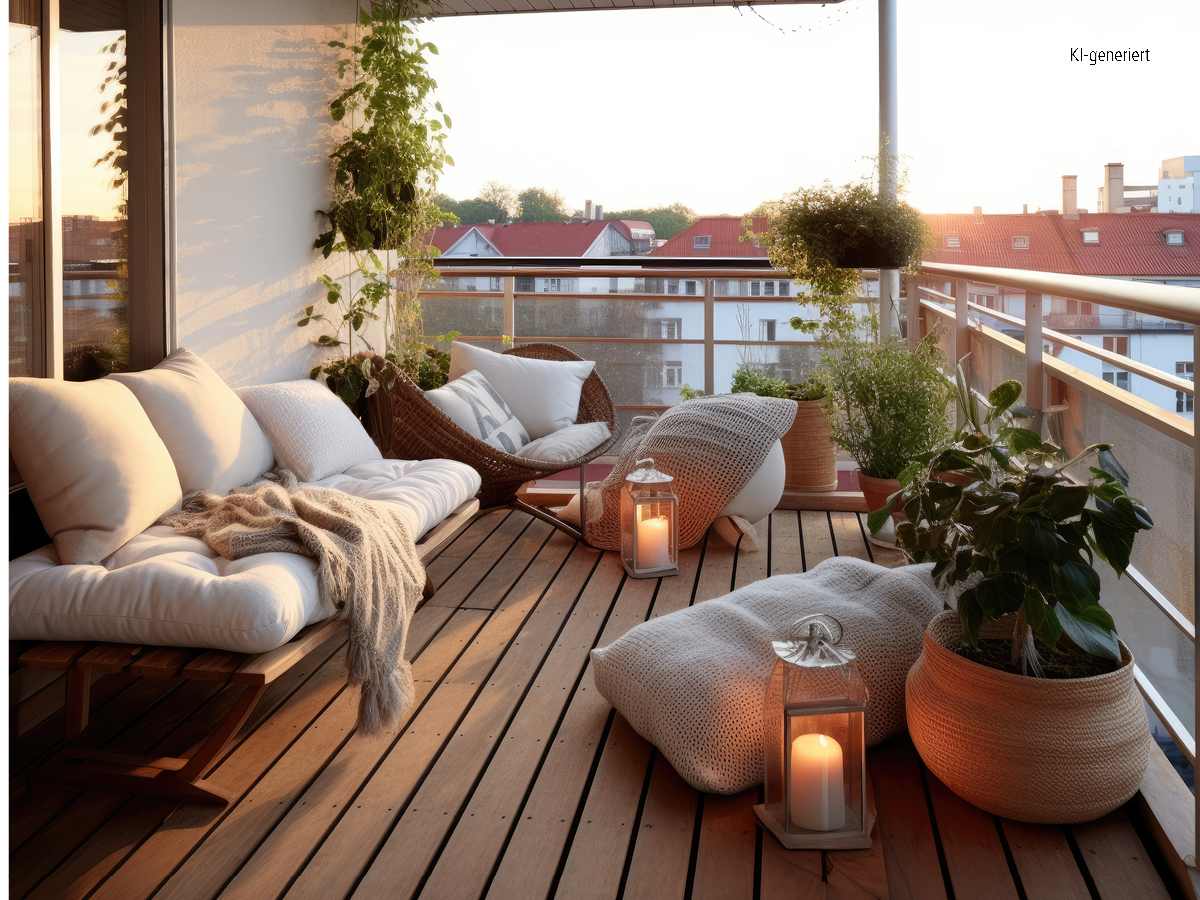 Ein mit beigen Outddormöbeln bestückter Balkon.